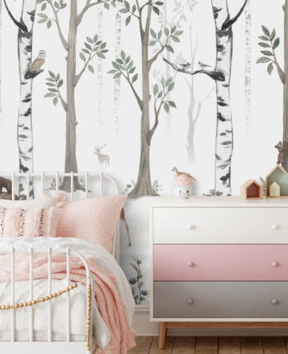 witte op maat gemaakte dierenmuurschildering voor kinderen genaamd White Forest Panorama van Kikki Belle witte op maat gemaakte dierenmuurschildering voor kinderen genaamd White Forest Panorama van Kikki Belle