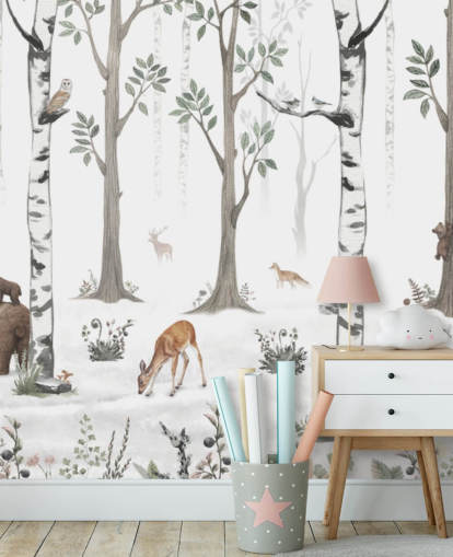 valkoinen mukautettu lasten eläinseinämaalaus nimeltä White Forest Panorama, kirjoittanut Kikki Belle