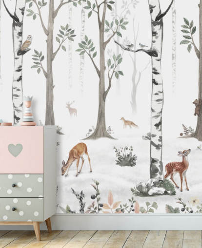 mural branco personalizado de animais infantis chamado White Forest Panorama de Kikki Belle