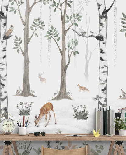 white custom kids animal mural called White Forest Panorama by Kikki Belle