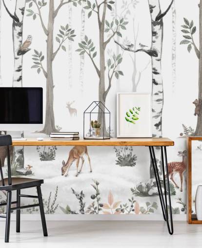 white custom kids animal mural called White Forest Panorama by Kikki Belle