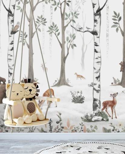 mural blanco personalizado de animales para niños llamado White Forest Panorama de Kikki Belle