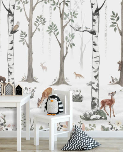 mural branco personalizado de animais infantis chamado White Forest Panorama de Kikki Belle