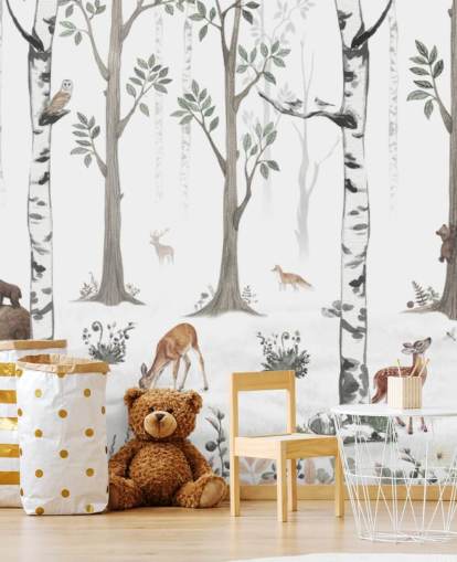 white custom kids animal mural called White Forest Panorama by Kikki Belle