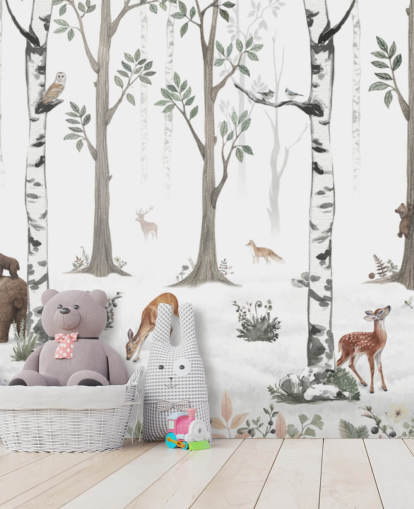 hvitt tilpasset barnedyremaleri kalt White Forest Panorama av Kikki Belle