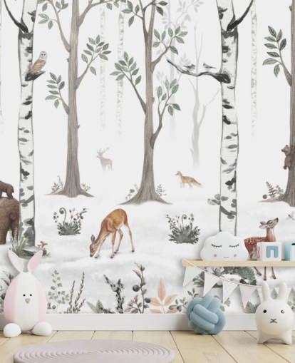 witte op maat gemaakte dierenmuurschildering voor kinderen genaamd White Forest Panorama van Kikki Belle witte op maat gemaakte dierenmuurschildering voor kinderen genaamd White Forest Panorama van Kikki Belle