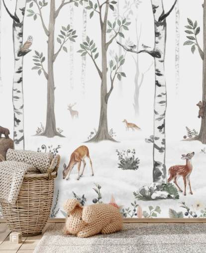 murale bianco personalizzato con animali per bambini chiamato White Forest Panorama di Kikki Belle