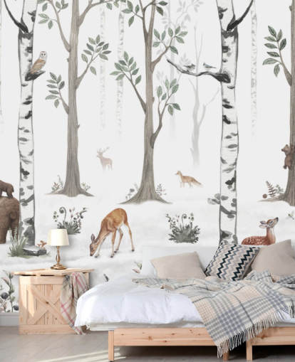 white custom kids animal mural called White Forest Panorama by Kikki Belle