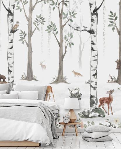 mural blanco personalizado de animales para niños llamado White Forest Panorama de Kikki Belle