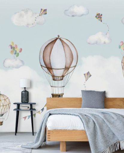blue and white panoramic nursery mural called Balloon Bonanza Panorama by Oliver Robins for nurseries