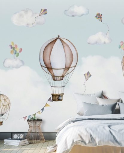 blue and white panoramic nursery mural called Balloon Bonanza Panorama by Oliver Robins for nurseries