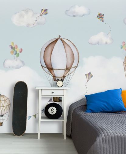 blue and white panoramic nursery mural called Balloon Bonanza Panorama by Oliver Robins for nurseries