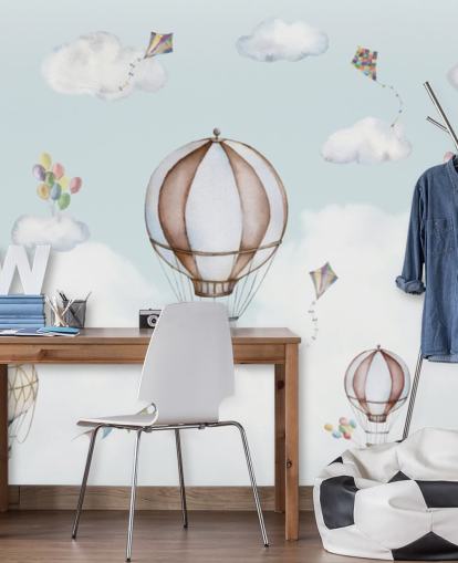 blue and white panoramic nursery mural called Balloon Bonanza Panorama by Oliver Robins for nurseries