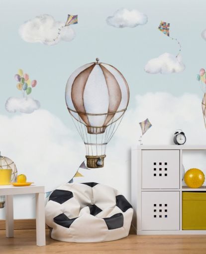 blue and white panoramic nursery mural called Balloon Bonanza Panorama by Oliver Robins for nurseries blue and white panoramic nursery mural called Balloon Bonanza Panorama by Oliver Robins for nurseries