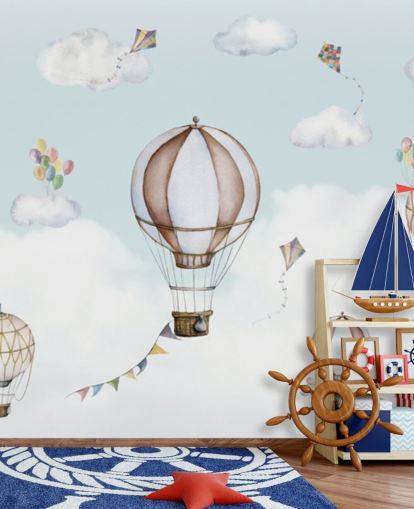 mural panorâmico de berçário em azul e branco chamado Balloon Bonanza Panorama de Oliver Robins para creches