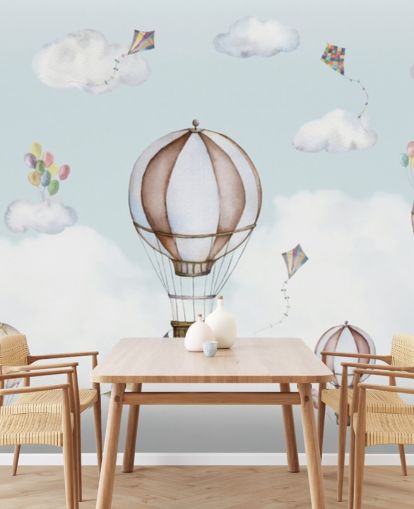 blue and white panoramic nursery mural called Balloon Bonanza Panorama by Oliver Robins for nurseries