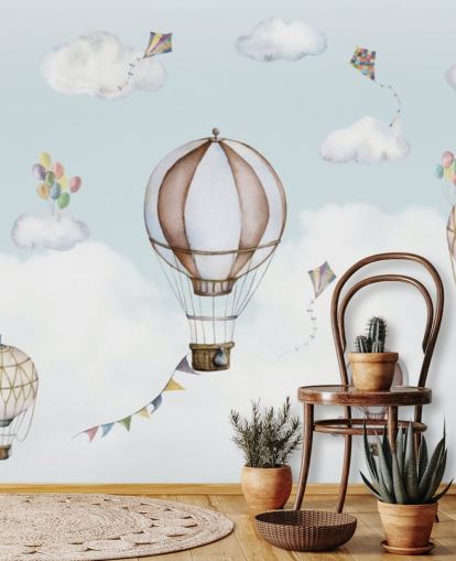 blue and white panoramic nursery mural called Balloon Bonanza Panorama by Oliver Robins for nurseries