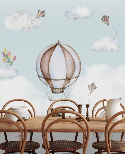 Oliver Robinsin sinivalkoinen panoraamainen lastentarhan seinämaalaus nimeltä Balloon Bonanza Panorama lastentarhoille