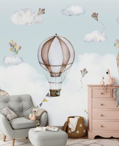 blue and white panoramic nursery mural called Balloon Bonanza Panorama by Oliver Robins for nurseries