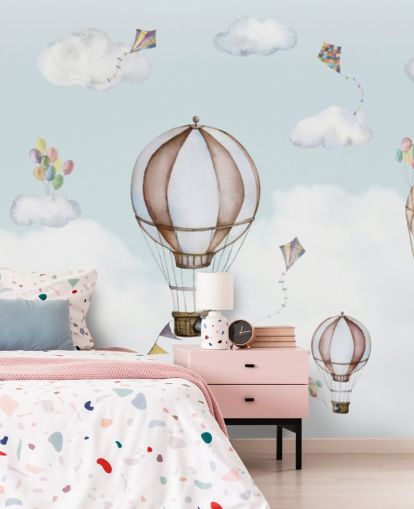 blue and white panoramic nursery mural called Balloon Bonanza Panorama by Oliver Robins for nurseries