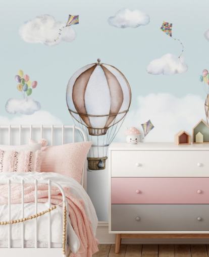 blue and white panoramic nursery mural called Balloon Bonanza Panorama by Oliver Robins for nurseries