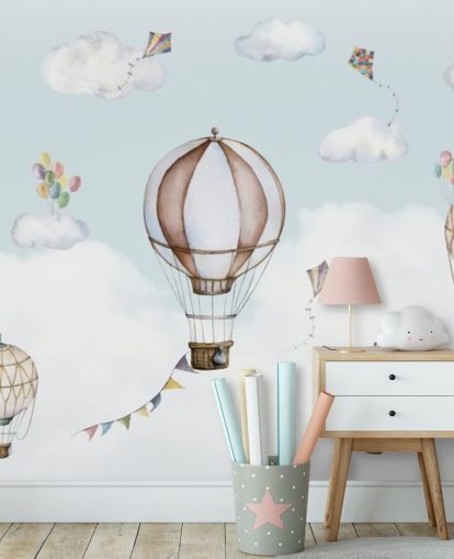 blue and white panoramic nursery mural called Balloon Bonanza Panorama by Oliver Robins for nurseries
