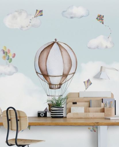 blue and white panoramic nursery mural called Balloon Bonanza Panorama by Oliver Robins for nurseries