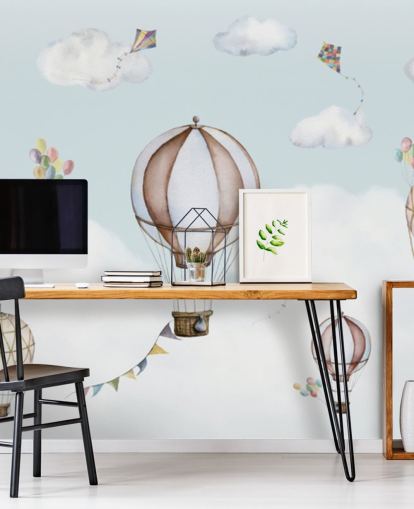 blue and white panoramic nursery mural called Balloon Bonanza Panorama by Oliver Robins for nurseries blue and white panoramic nursery mural called Balloon Bonanza Panorama by Oliver Robins for nurseries