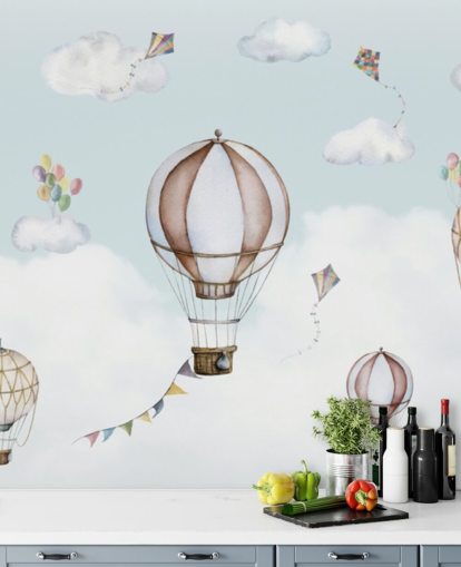 blue and white panoramic nursery mural called Balloon Bonanza Panorama by Oliver Robins for nurseries blue and white panoramic nursery mural called Balloon Bonanza Panorama by Oliver Robins for nurseries