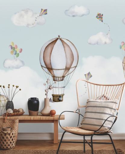 blue and white panoramic nursery mural called Balloon Bonanza Panorama by Oliver Robins for nurseries