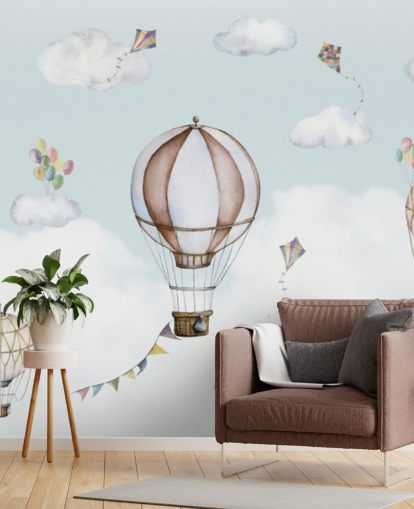blue and white panoramic nursery mural called Balloon Bonanza Panorama by Oliver Robins for nurseries