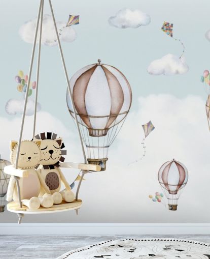 blå og hvid panoramisk børnehavevægmaleri kaldet Balloon Bonanza Panorama af Oliver Robins til planteskoler