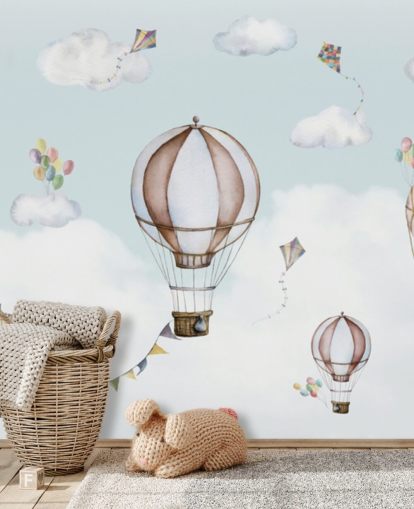 blue and white panoramic nursery mural called Balloon Bonanza Panorama by Oliver Robins for nurseries