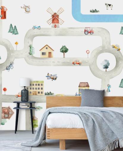 vit och grå anpassad barnbilskarta väggmålning som heter City of Vehicles Panorama av Oliver Robins för plantskolor