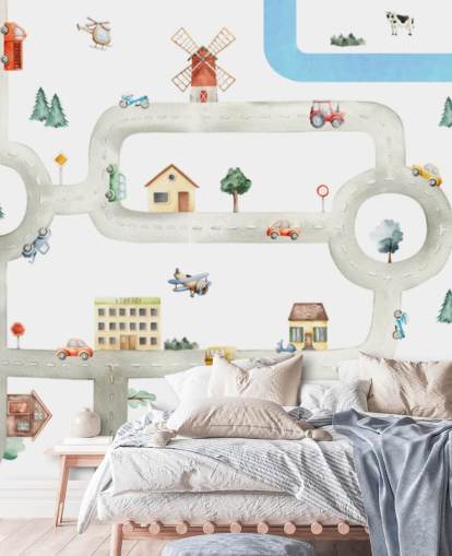 hvidt og gråt brugerdefineret børnebilkortmaleri kaldet City of Vehicles Panorama af Oliver Robins til planteskoler hvidt og gråt brugerdefineret børnebilkortmaleri kaldet City of Vehicles Panorama af Oliver Robins til planteskoler