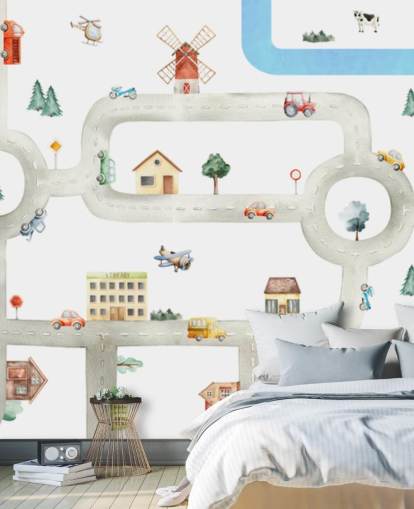 white and grey custom kids car map mural called City of Vehicles Panorama by Oliver Robins for nurseries