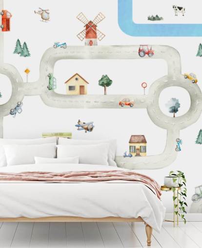 hvitt og grått tilpasset barnebilkart veggmaleri kalt City of Vehicles Panorama av Oliver Robins for barnehager