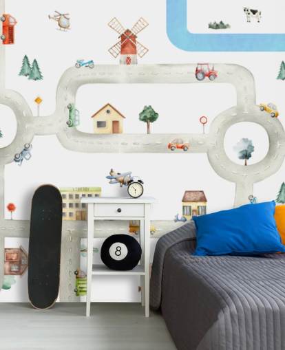 mural personalizado de mapas de carros infantis em branco e cinza chamado City of Vehicles Panorama de Oliver Robins para creches