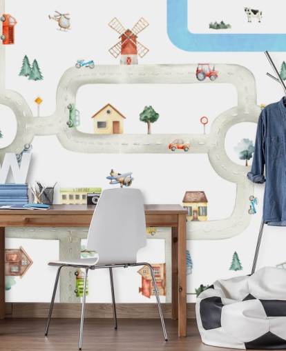 white and grey custom kids car map mural called City of Vehicles Panorama by Oliver Robins for nurseries