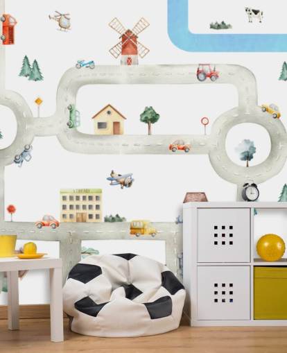 white and grey custom kids car map mural called City of Vehicles Panorama by Oliver Robins for nurseries white and grey custom kids car map mural called City of Vehicles Panorama by Oliver Robins for nurseries