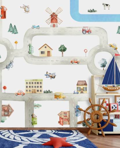 white and grey custom kids car map mural called City of Vehicles Panorama by Oliver Robins for nurseries