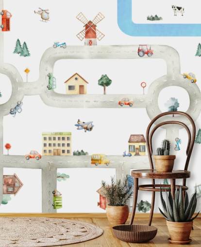 white and gray custom kids car map mural called City of Vehicles Panorama by Oliver Robins for nurseries