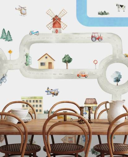 witte en grijze muurschildering op maat voor kinderen met de naam City of Vehicles Panorama van Oliver Robins voor kinderdagverblijven