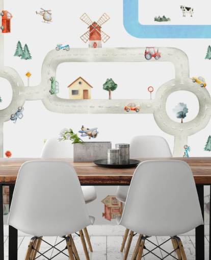 mural de mapa de coche infantil personalizado en blanco y gris llamado City of Vehicles Panorama de Oliver Robins para guarderías