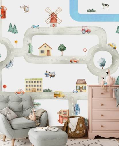 mural de mapa de coche infantil personalizado en blanco y gris llamado City of Vehicles Panorama de Oliver Robins para guarderías