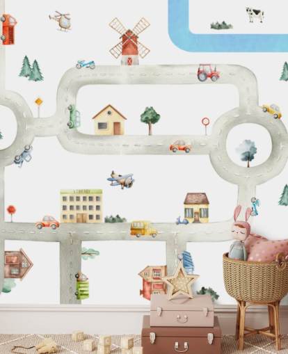 mural personalizado de mapas de carros infantis em branco e cinza chamado City of Vehicles Panorama de Oliver Robins para creches