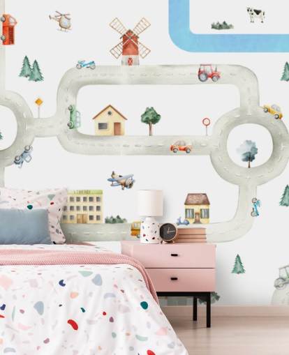 mural de mapa de coche infantil personalizado en blanco y gris llamado City of Vehicles Panorama de Oliver Robins para guarderías