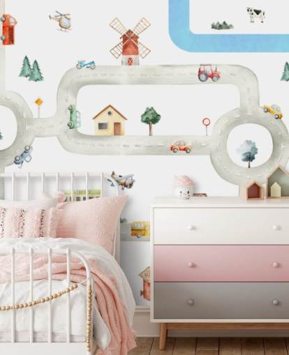 murale con mappa auto per bambini personalizzata bianca e grigia chiamata City of Vehicles Panorama di Oliver Robins per asili nido