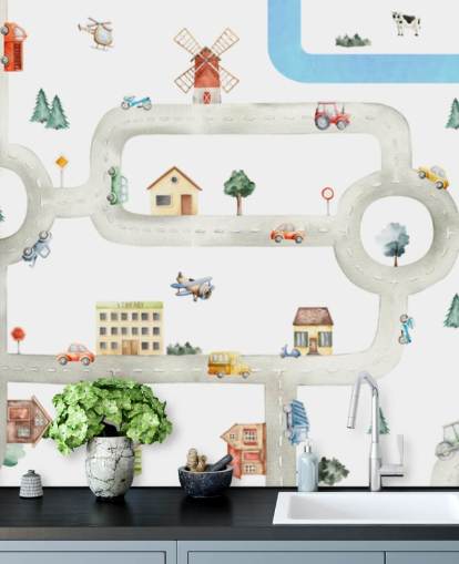 hvidt og gråt brugerdefineret børnebilkortmaleri kaldet City of Vehicles Panorama af Oliver Robins til planteskoler