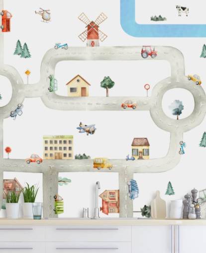 white and gray custom kids car map mural called City of Vehicles Panorama by Oliver Robins for nurseries white and gray custom kids car map mural called City of Vehicles Panorama by Oliver Robins for nurseries
